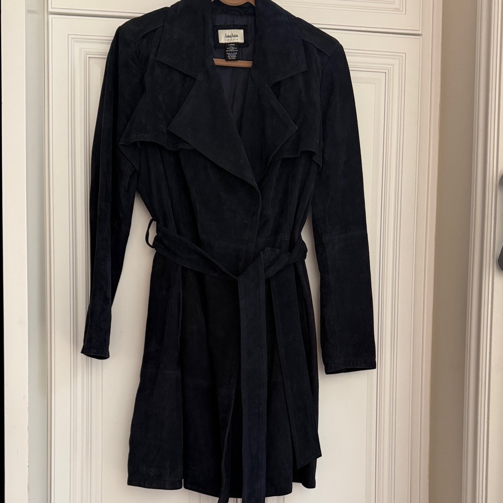 Neiman Marcus Suede Leather Trench Coat, Navy, L, Nwot